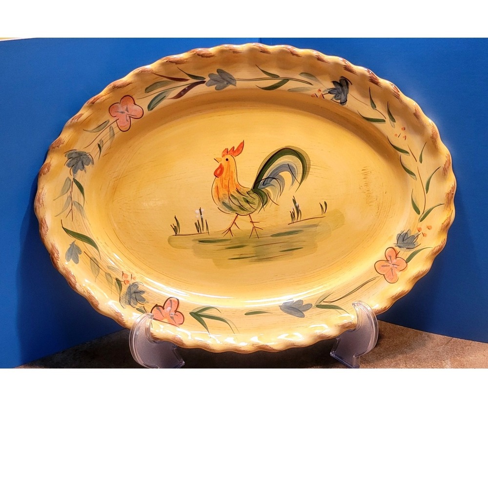 Home Rooster Floral Ceramic 14 inch Oval Serving Platter Yellow Scalloped Large